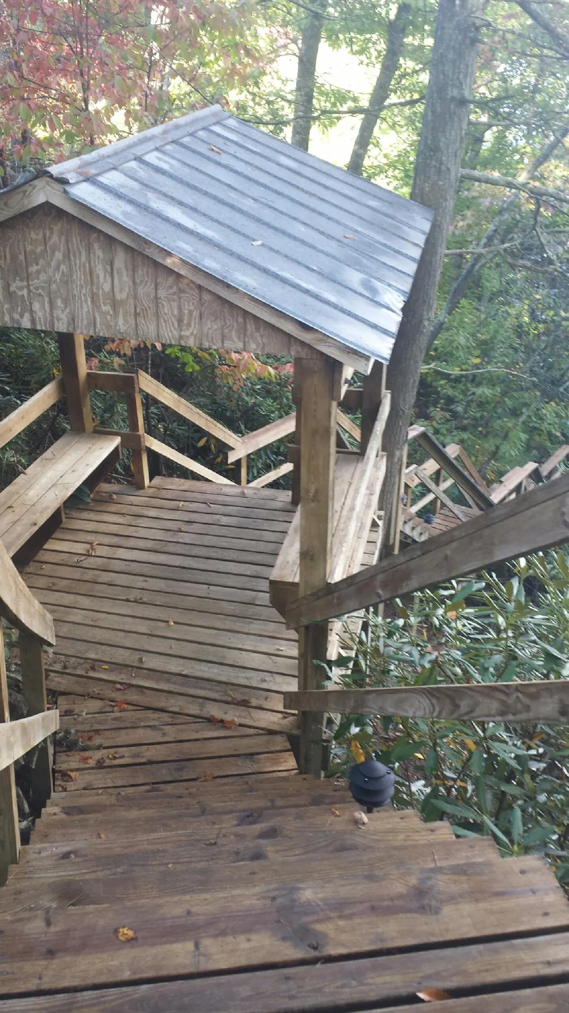 Metal roofed shelter over wooden steps on a wooded walkway — Skylight Repair & Installation work by our crew in Leverett
